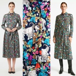 Grazing Goat Pleated Floral Midi Dress Collar Long Sleeve Animal Artsy Novelty 2